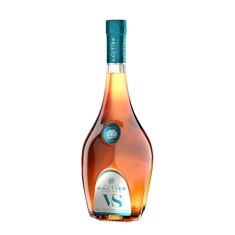 Bottle of Gautier VS cognac, amber liquid, turquoise label, curved shape.