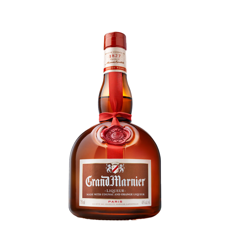 Bottle of Grand Marnier orange liqueur with red wax seal and label.