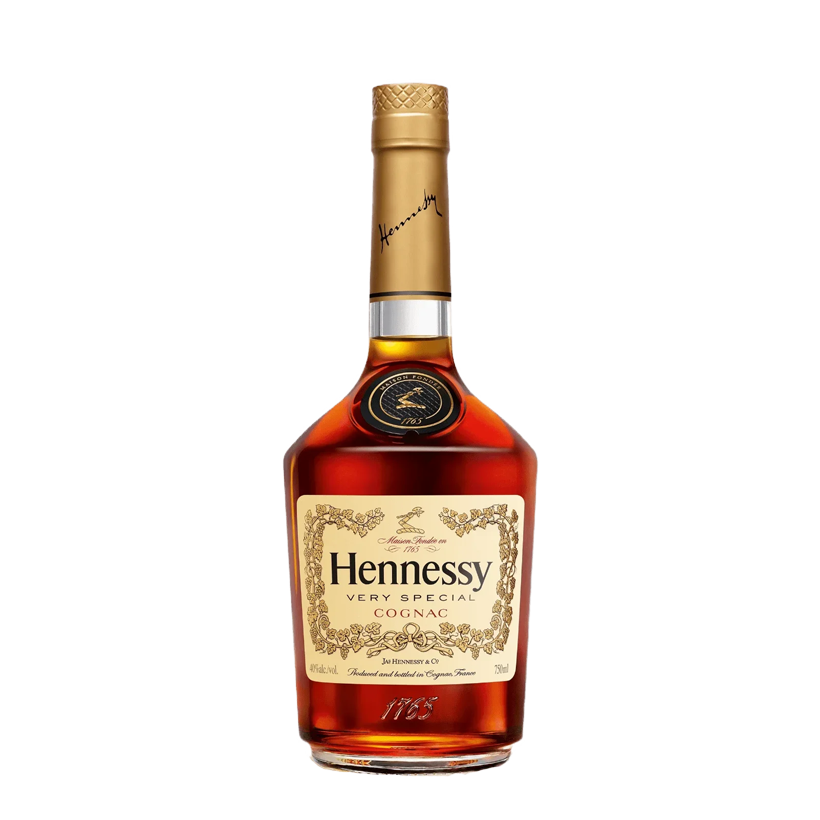 Bottle of Hennessy Very Special Cognac with a gold neck and label.