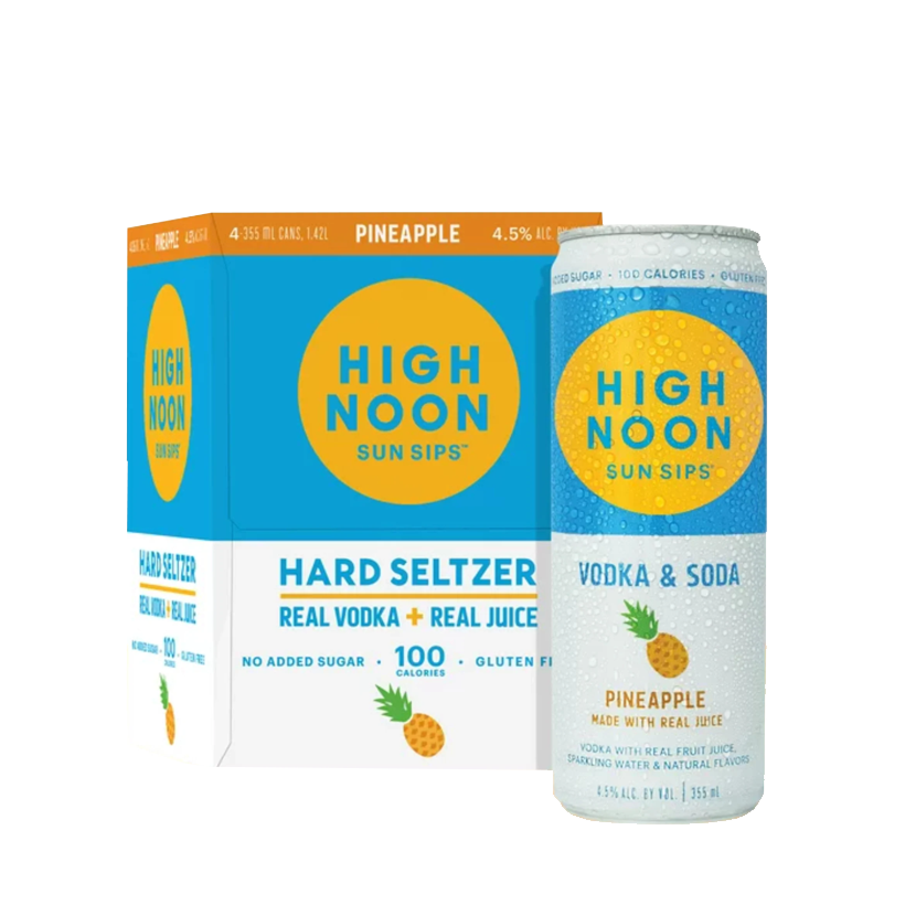 A box and can of High Noon Pineapple hard seltzer. Blue and yellow, says 