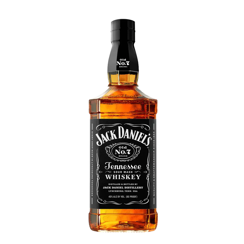 Bottle of Jack Daniel's Tennessee Whiskey with black and white label and black cap.
