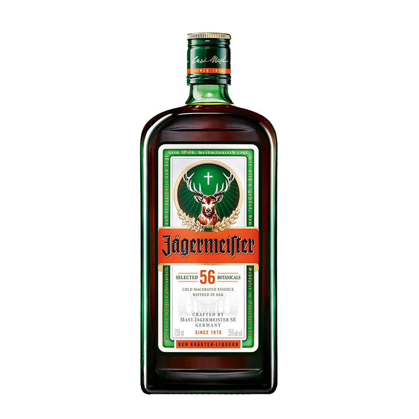 Bottle of Jägermeister, brown liquor with a green and orange label, featuring a deer.