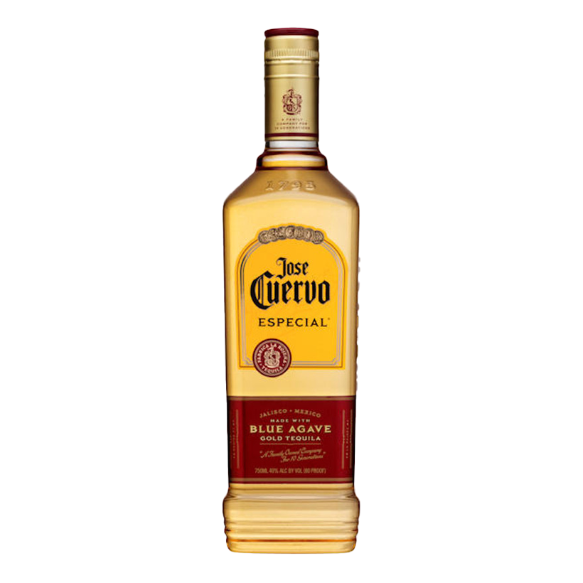 Bottle of Jose Cuervo Especial tequila, amber liquid, gold label, red band.