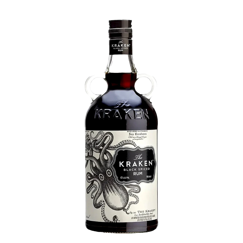 Bottle of Kraken Black Spiced Rum with octopus illustration on the label.