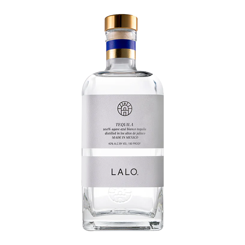 Bottle of LALO Tequila, clear glass with white labels, gold and blue cap.