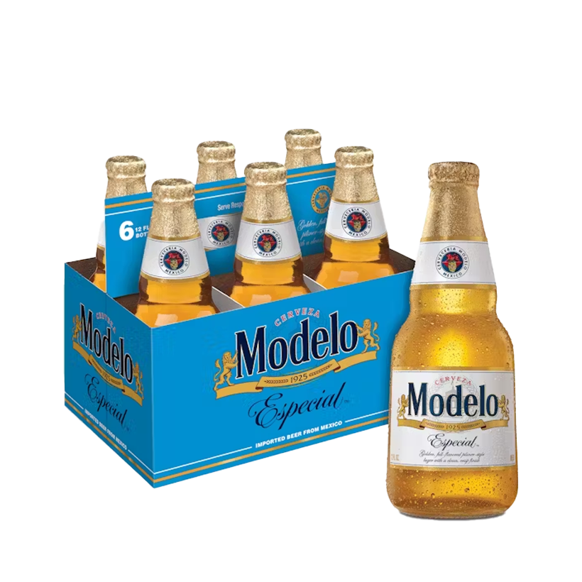 Six-pack of Modelo Especial beer in a blue cardboard carrier, with one bottle in front.