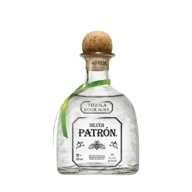 Patrón Silver tequila bottle with cork, green ribbon, and silver label.