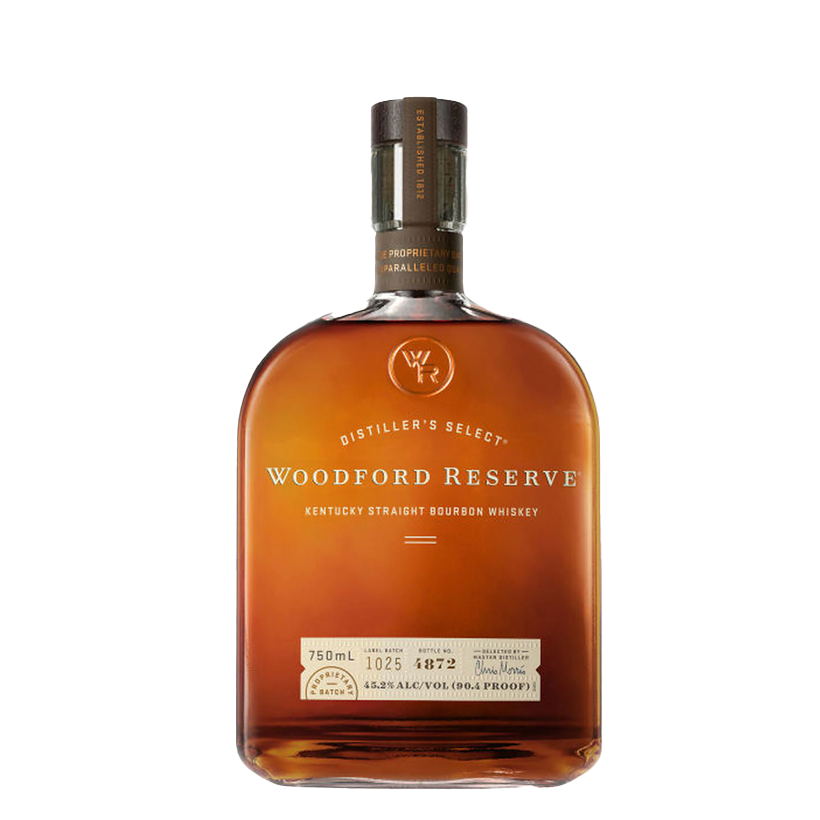Bottle of Woodford Reserve Kentucky Straight Bourbon Whiskey. Amber liquid, brown label and cap.