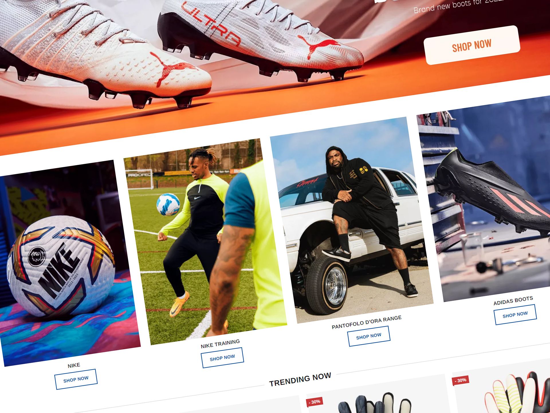 a screenshot of a soccer website showing a soccer ball , gloves , shoes , and a truck .