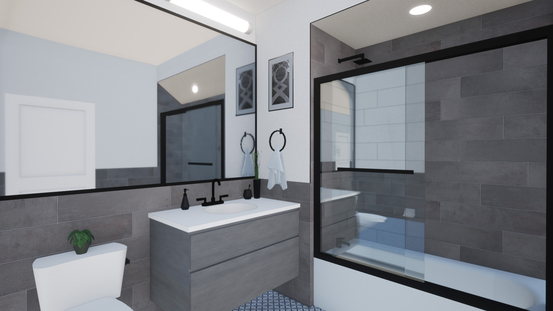 A bathroom with a toilet , sink , mirror and bathtub.