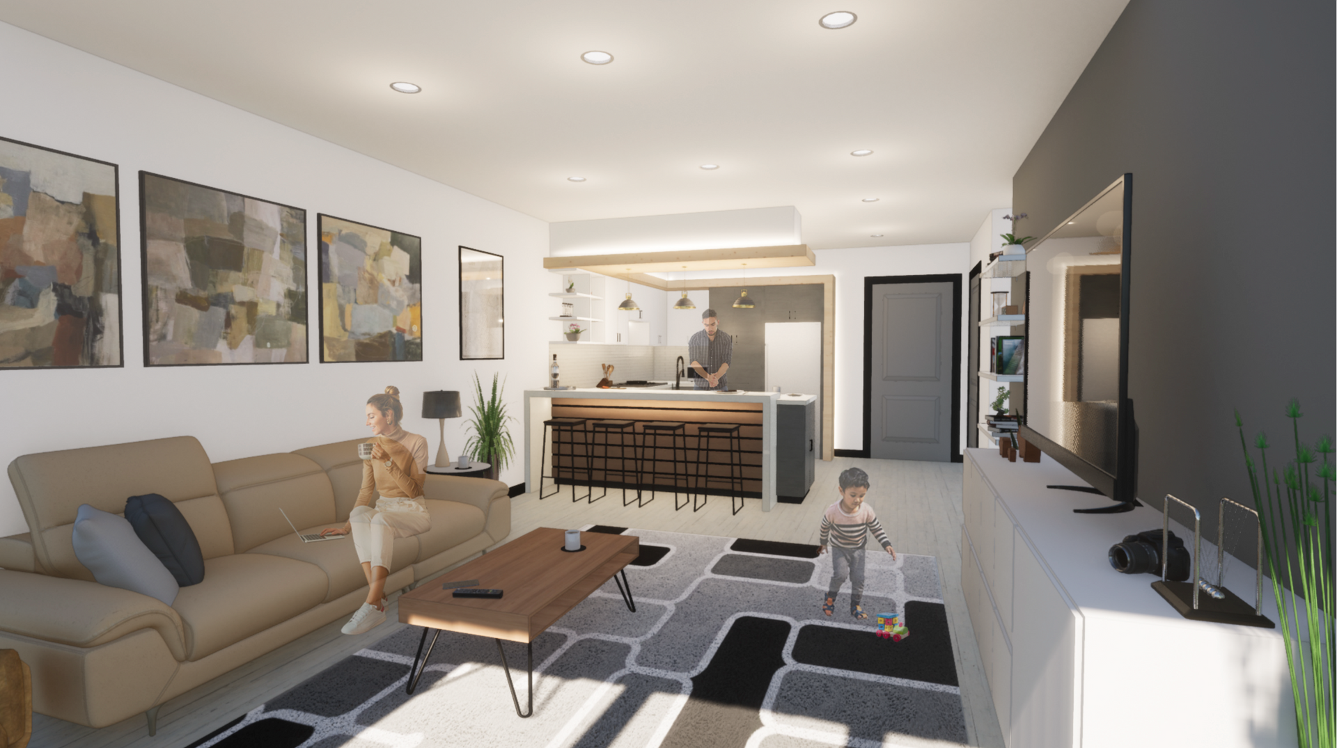 A living room with a couch , coffee table , and television.