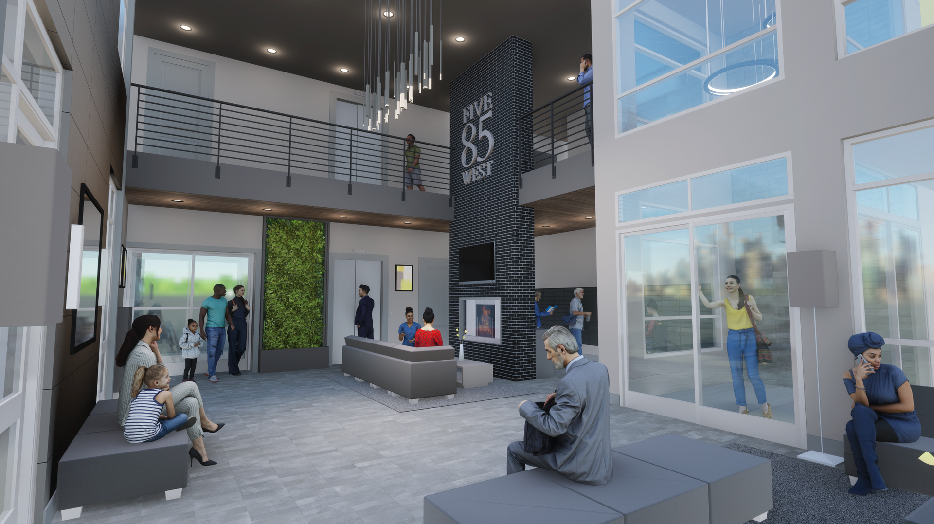 A group of people are sitting in a lobby of a building.