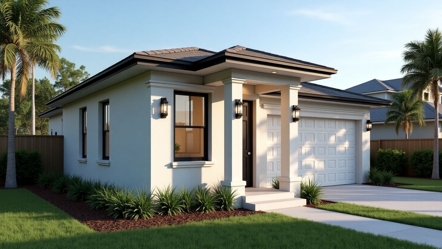 Newly built modern accessory dwelling unit (ADU) with landscaped yard, front porch, and attached garage in St. Petersburg, Florida.