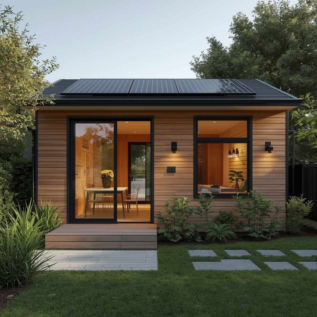 Modern ADU with wood siding, large windows, solar panels, and landscaped yard