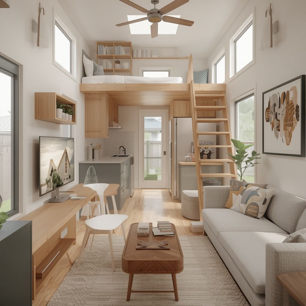 Modern ADU interior with loft bedroom, open-concept living area, built-in storage, and multifunction