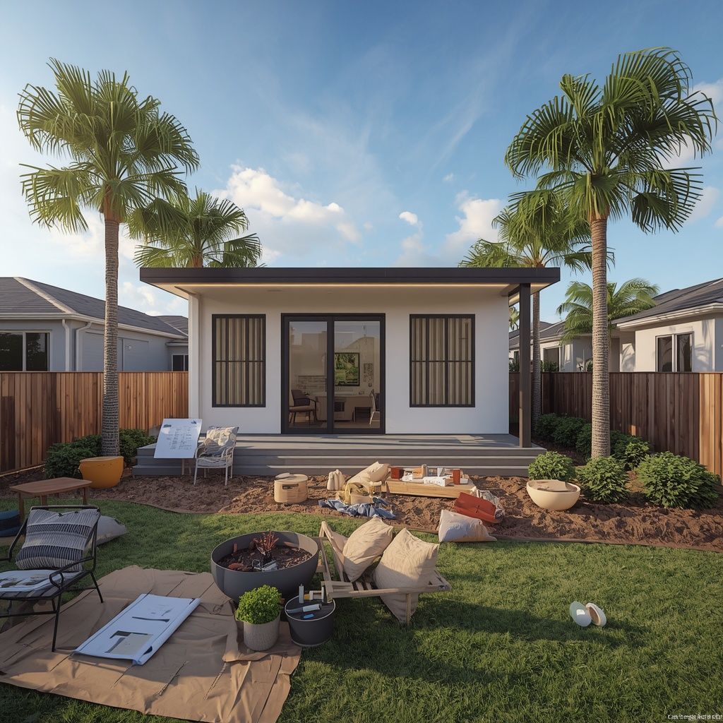 Modern backyard ADU under construction in St. Petersburg, Florida, showcasing property preparation
