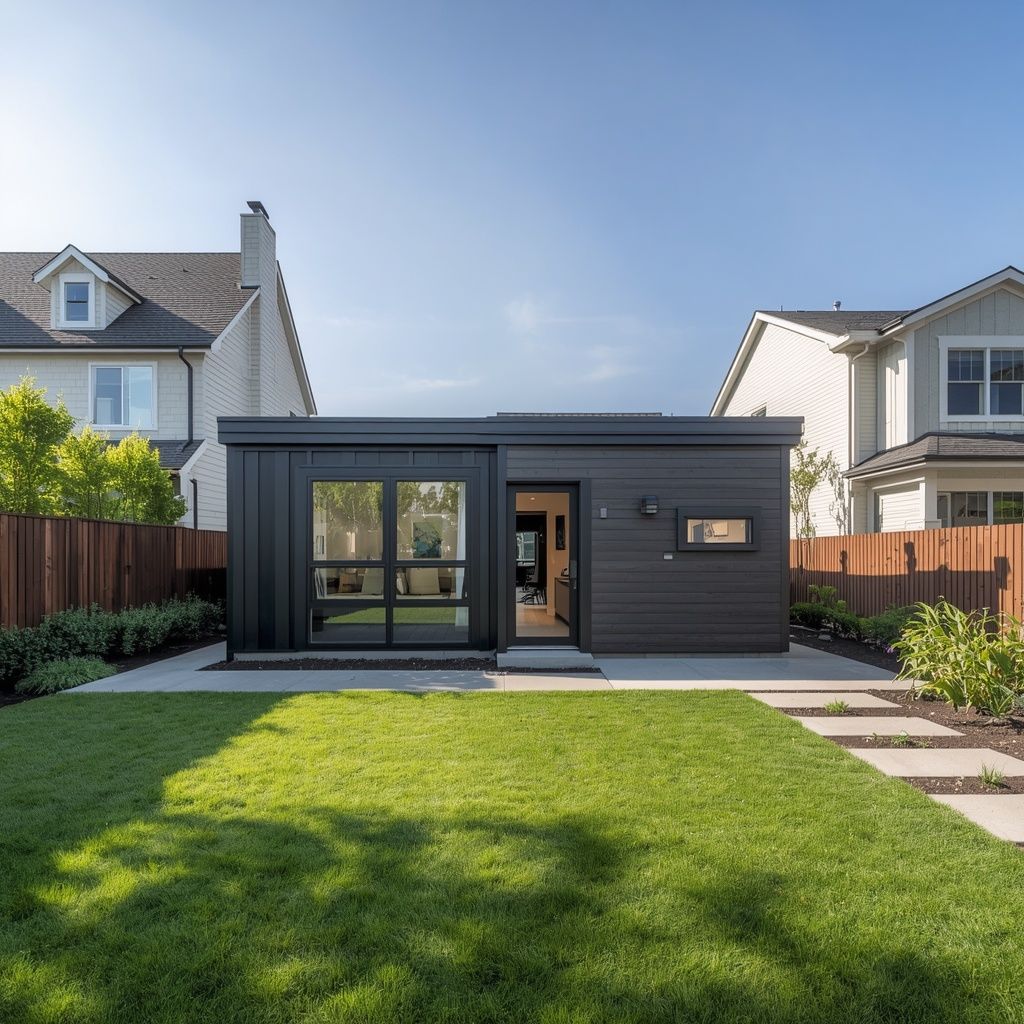 Modern custom accessory dwelling unit (ADU) built in a landscaped backyard