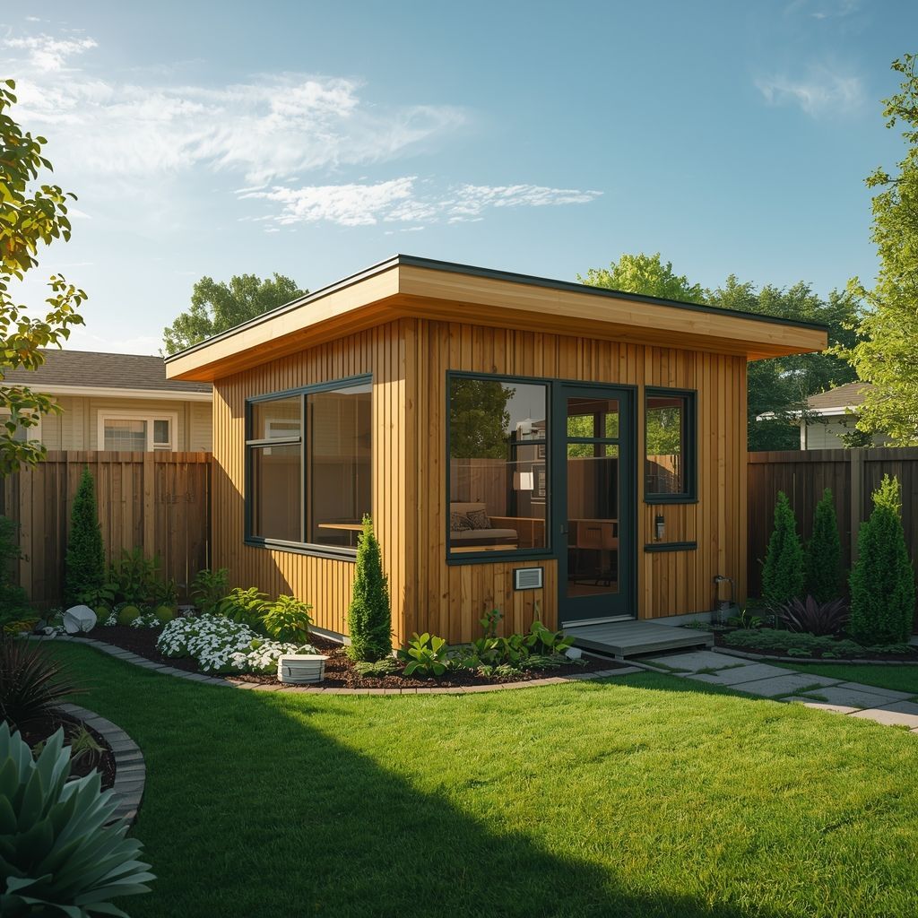 A modern wood-clad ADU showcasing sleek architecture and a beautifully landscaped