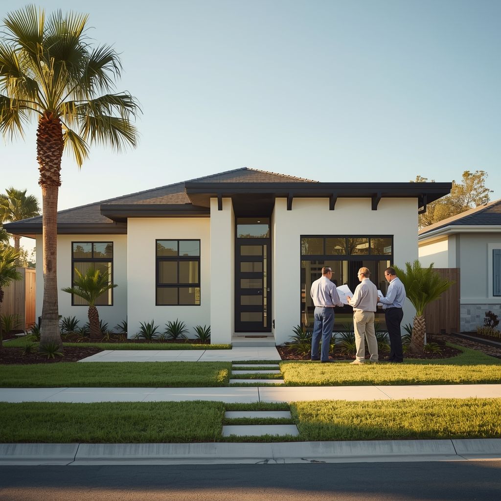 Contractors reviewing plans in front of newly built modern ADU home in St Petersburg Florida