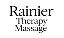 A black and white logo for rainier therapy massage.