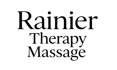 A black and white logo for rainier therapy massage.