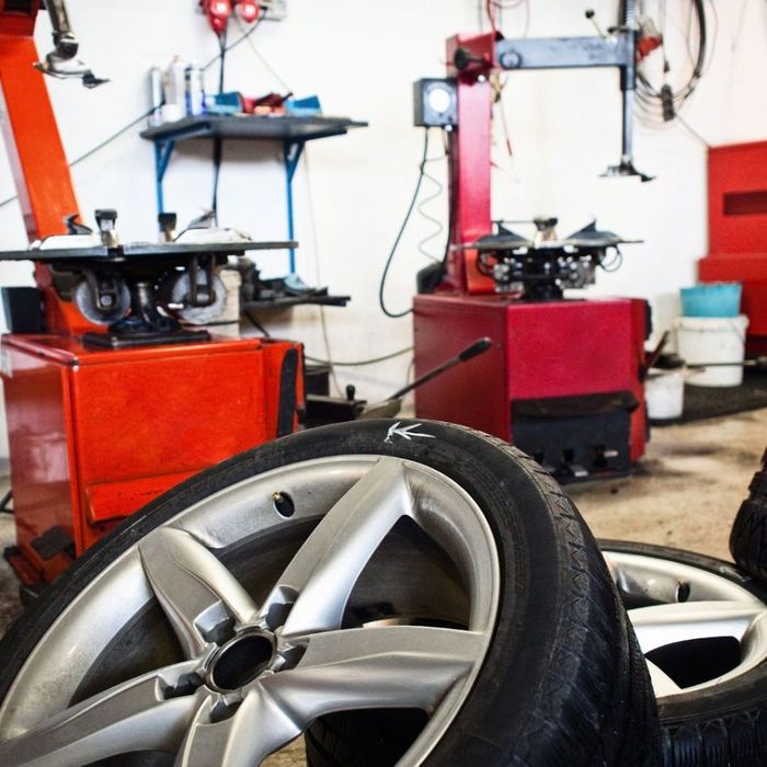 A close up of a tire in a tire shop