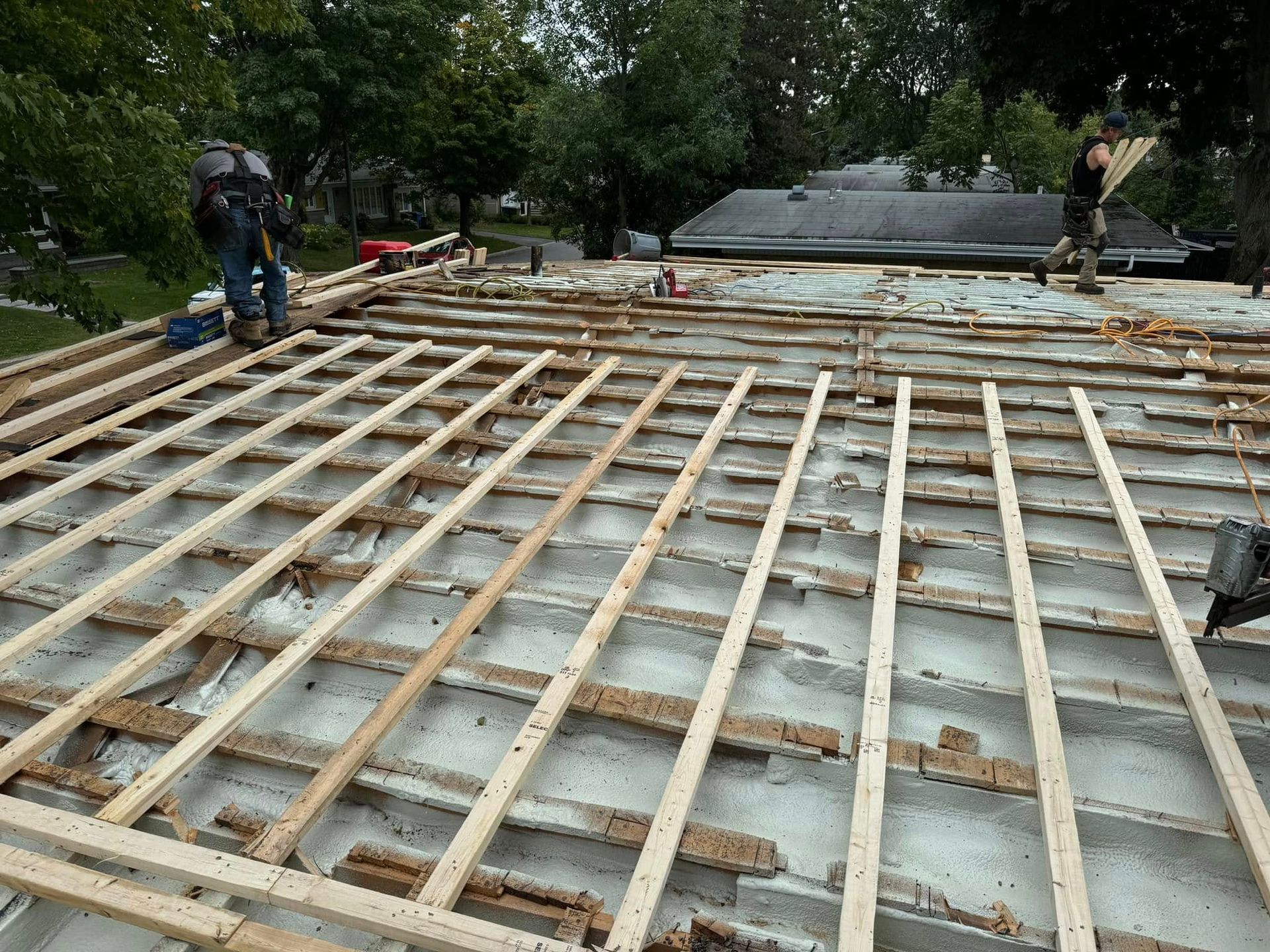 Un toit est en cours de construction avec des poutres en bois.