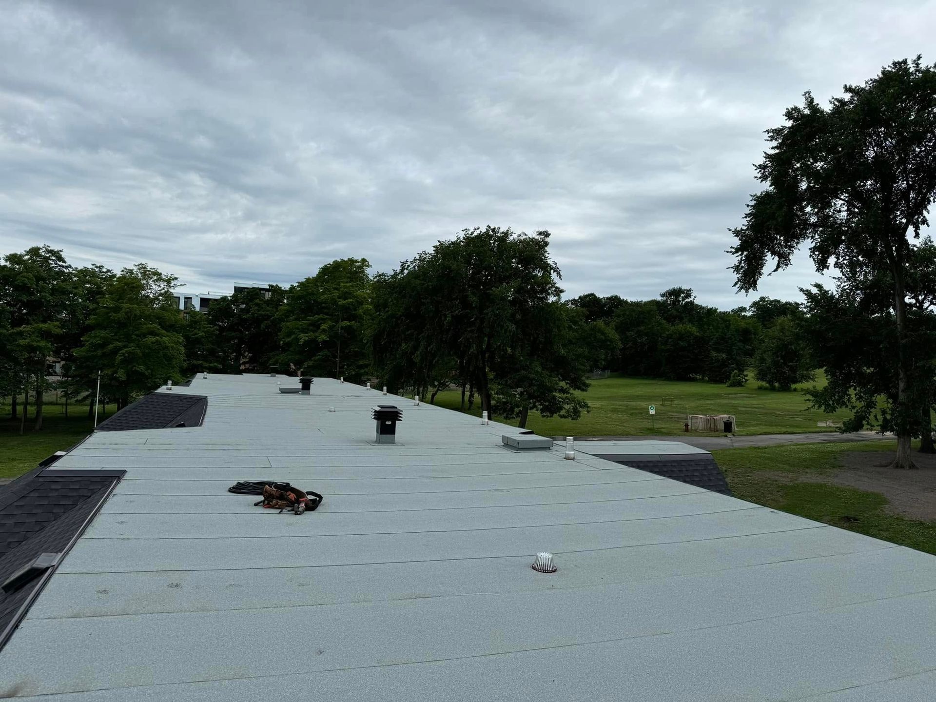 Un toit avec une cheminée dessus et des arbres en arrière-plan.