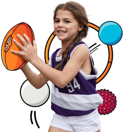 Girl in a Australian football kit with cartoon sports balls