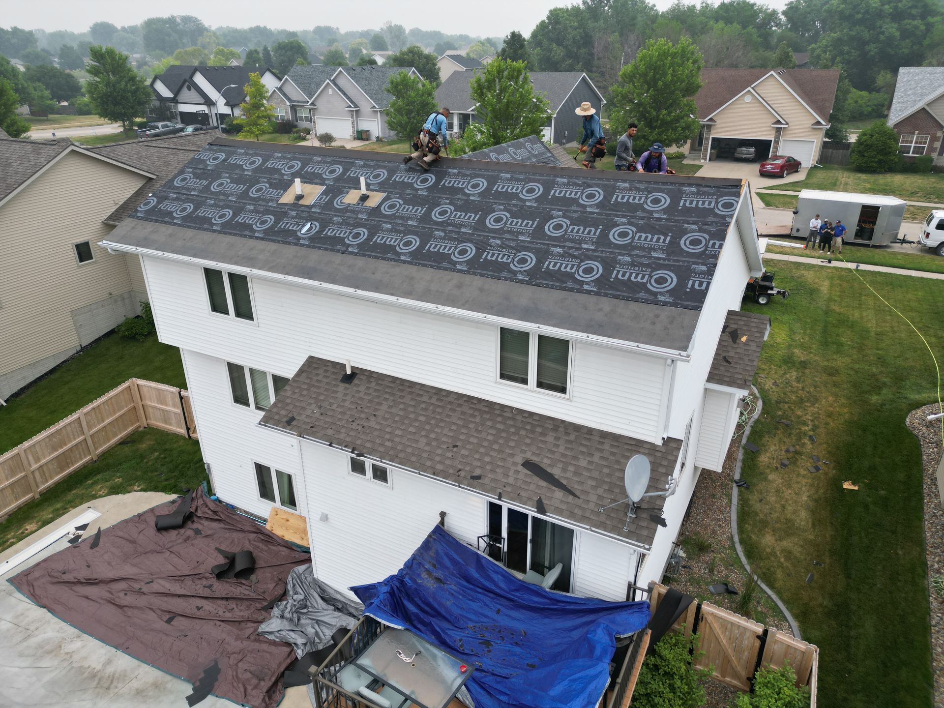 An aerial view of a house that is being remodeled