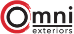 A logo for omni exteriors with a red circle and black letters