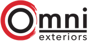 A logo for omni exteriors with a red circle and black letters