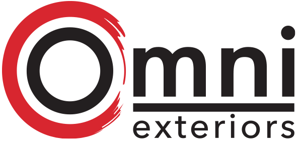 A logo for omni exteriors with a red circle and black letters