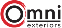 A logo for omni exteriors with a red circle and black letters