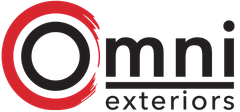 A logo for omni exteriors with a red circle and black letters