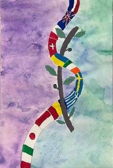 A painting of a tree with flags of different countries on it.