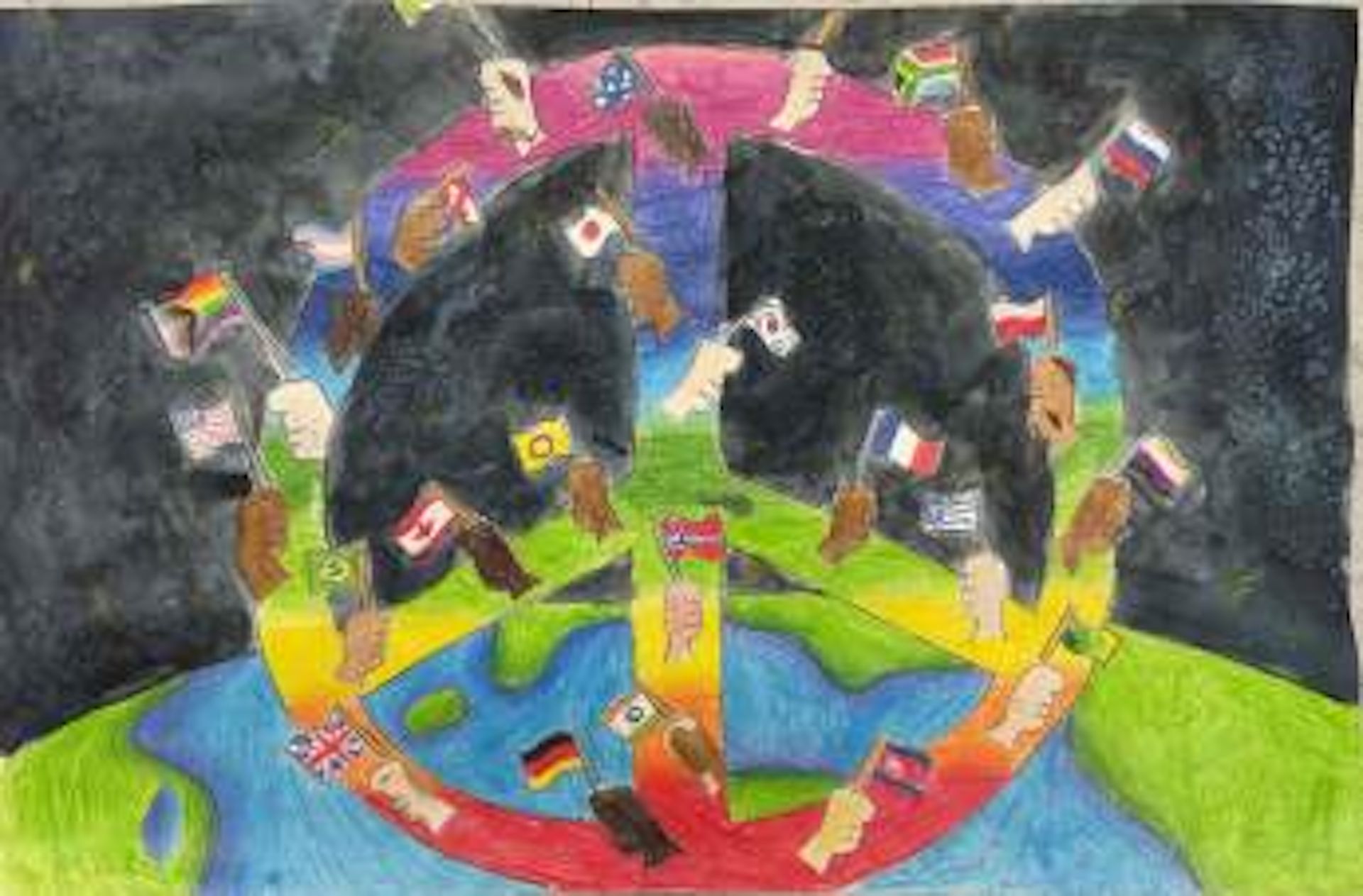 A peace sign is surrounded by flags of different countries around the world.