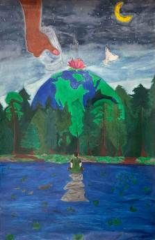 A painting of a person standing in front of a globe.