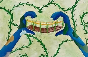 A painting of a person holding a bridge in their hands.