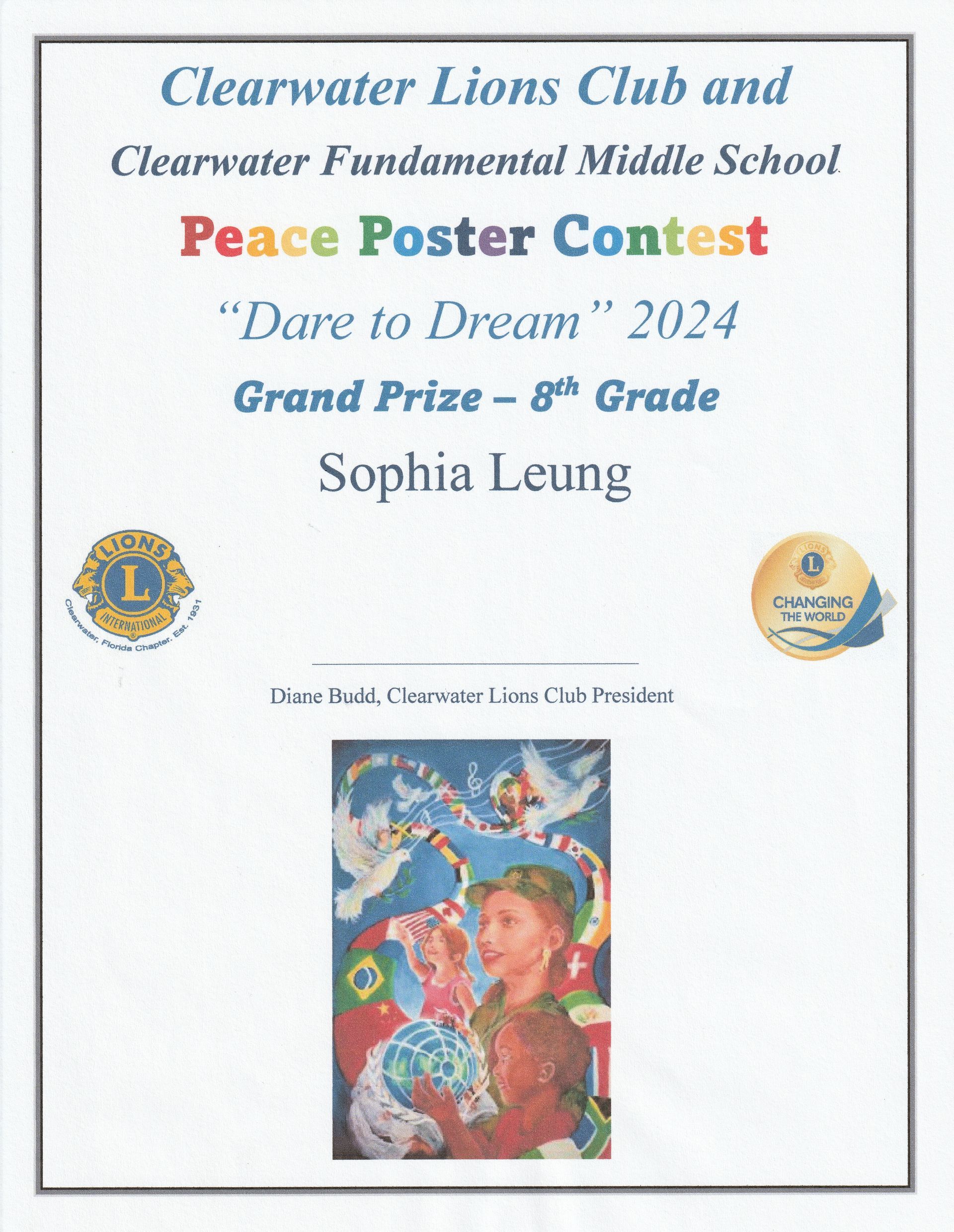 A poster for the clearwater lions club and clearwater fundamental middle school peace poster contest