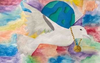 A painting of a dove flying with a globe on its wings.