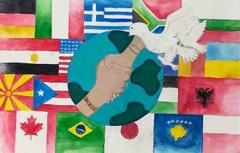 A painting of a hand shaking hands around a globe with flags in the background.
