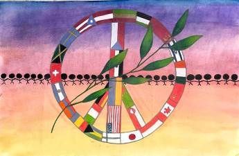 A peace sign made of flags of different countries with a branch in the middle.