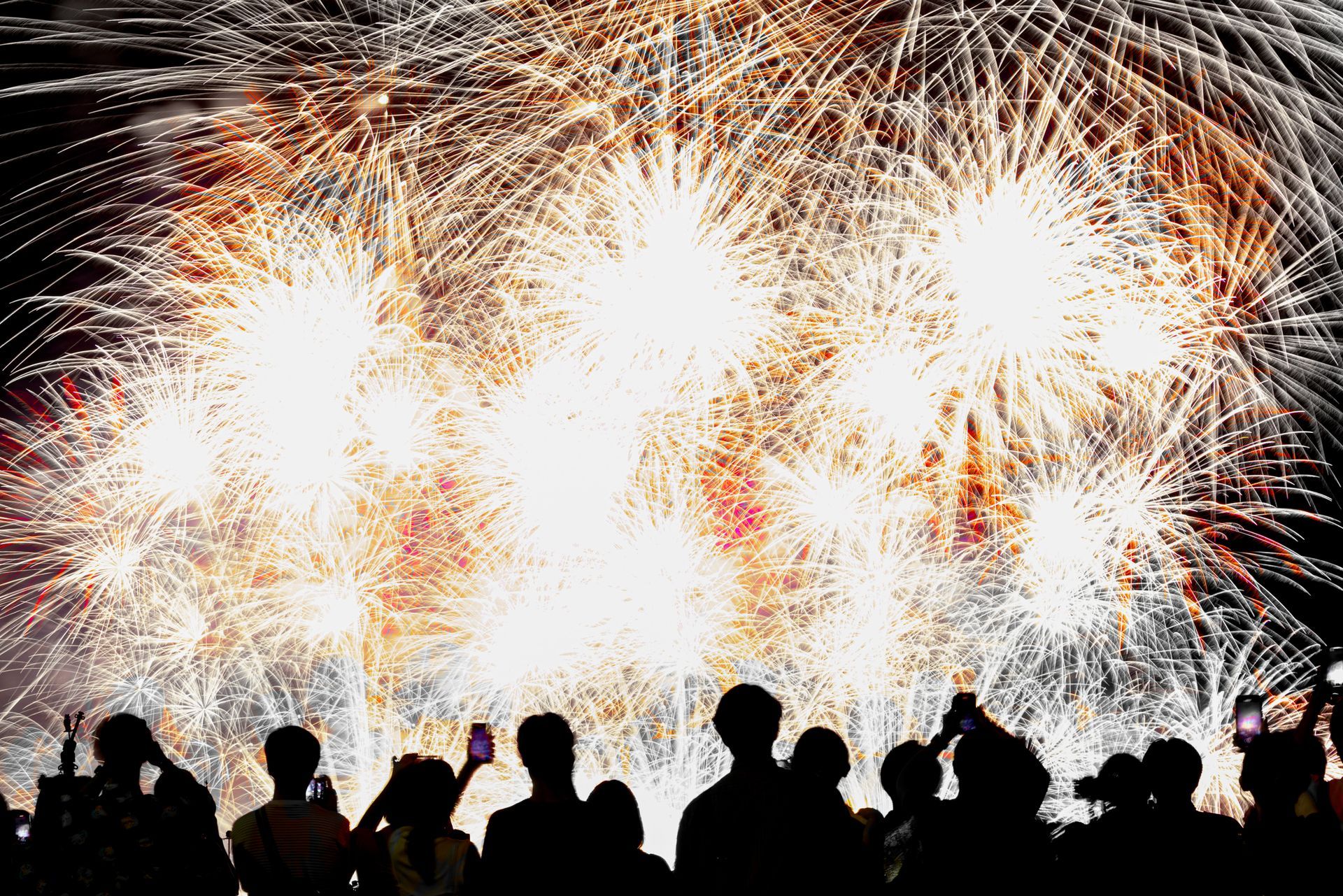 Fuochi d'artificio che esplodono su una folla di persone che si stagliano contro il cielo notturno.