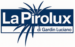 Il logo per La Pirolux di Gardin Luciano presenta un testo e un'esplosione di luce stilizzata in blu e bianco.