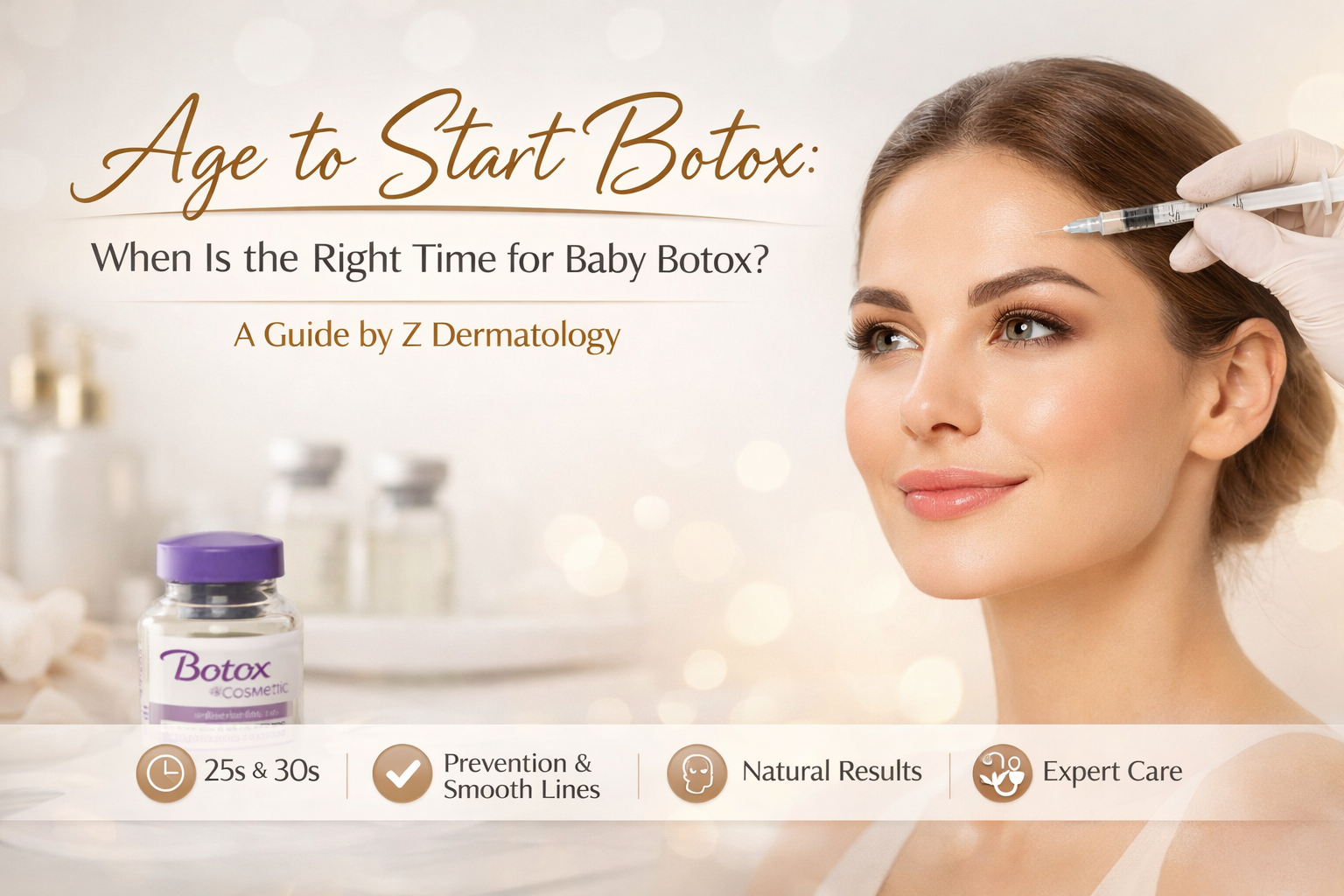 Woman receiving Botox treatment to forehead with syringe, illustrating age to start Botox and Baby B