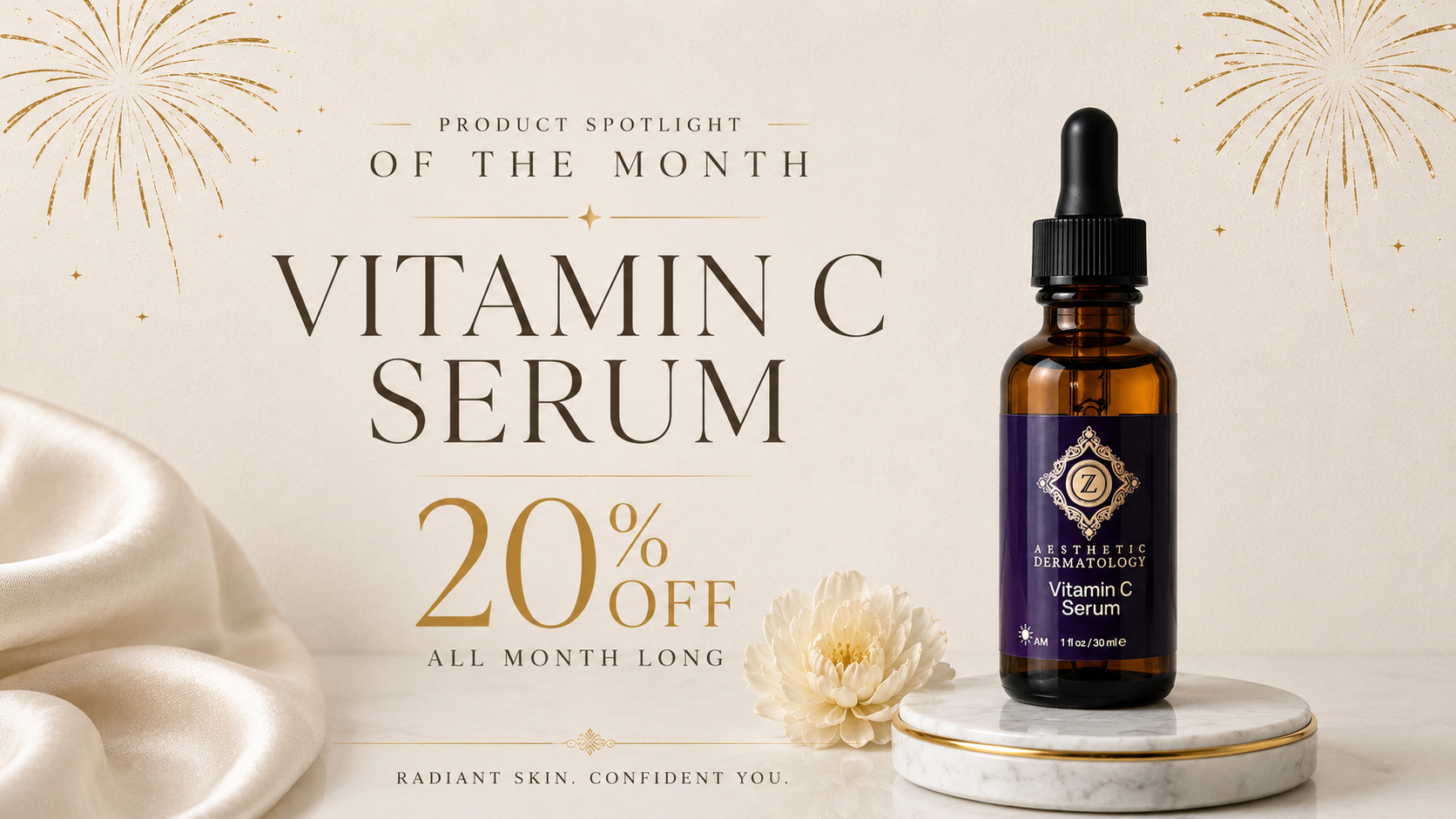 Holiday skincare promotion with a woman in a lab coat and Santa hat. 