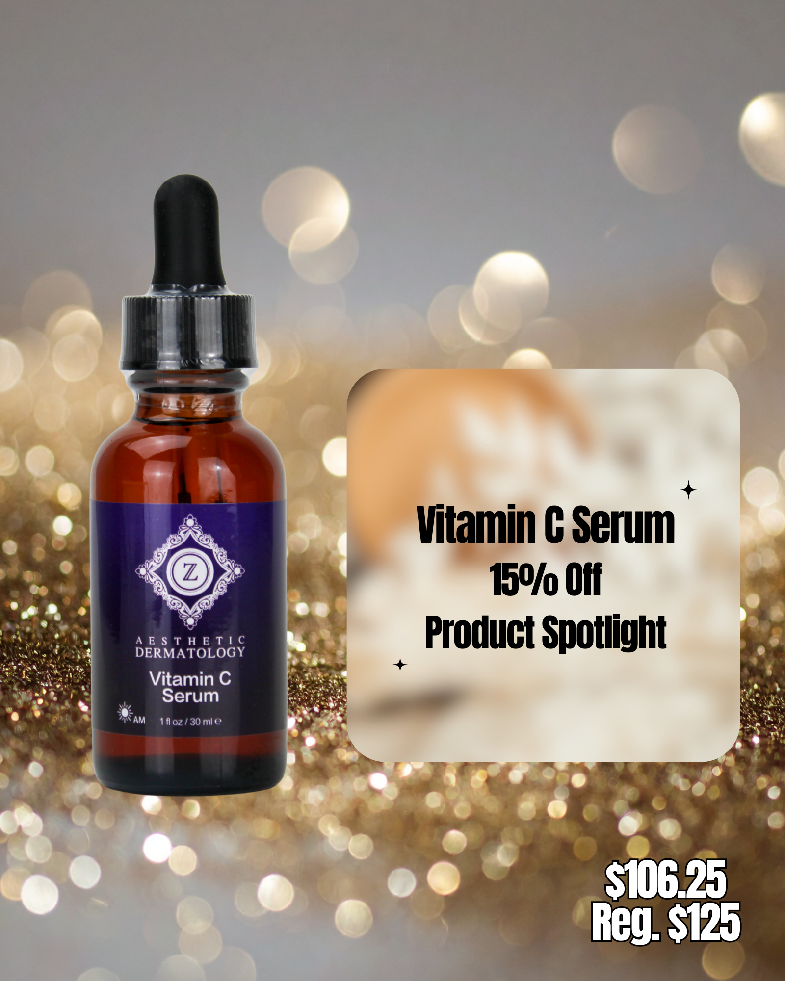 Skincare advertisement: Z Brand products with 20% off. Four bottles on brown background with water droplets.