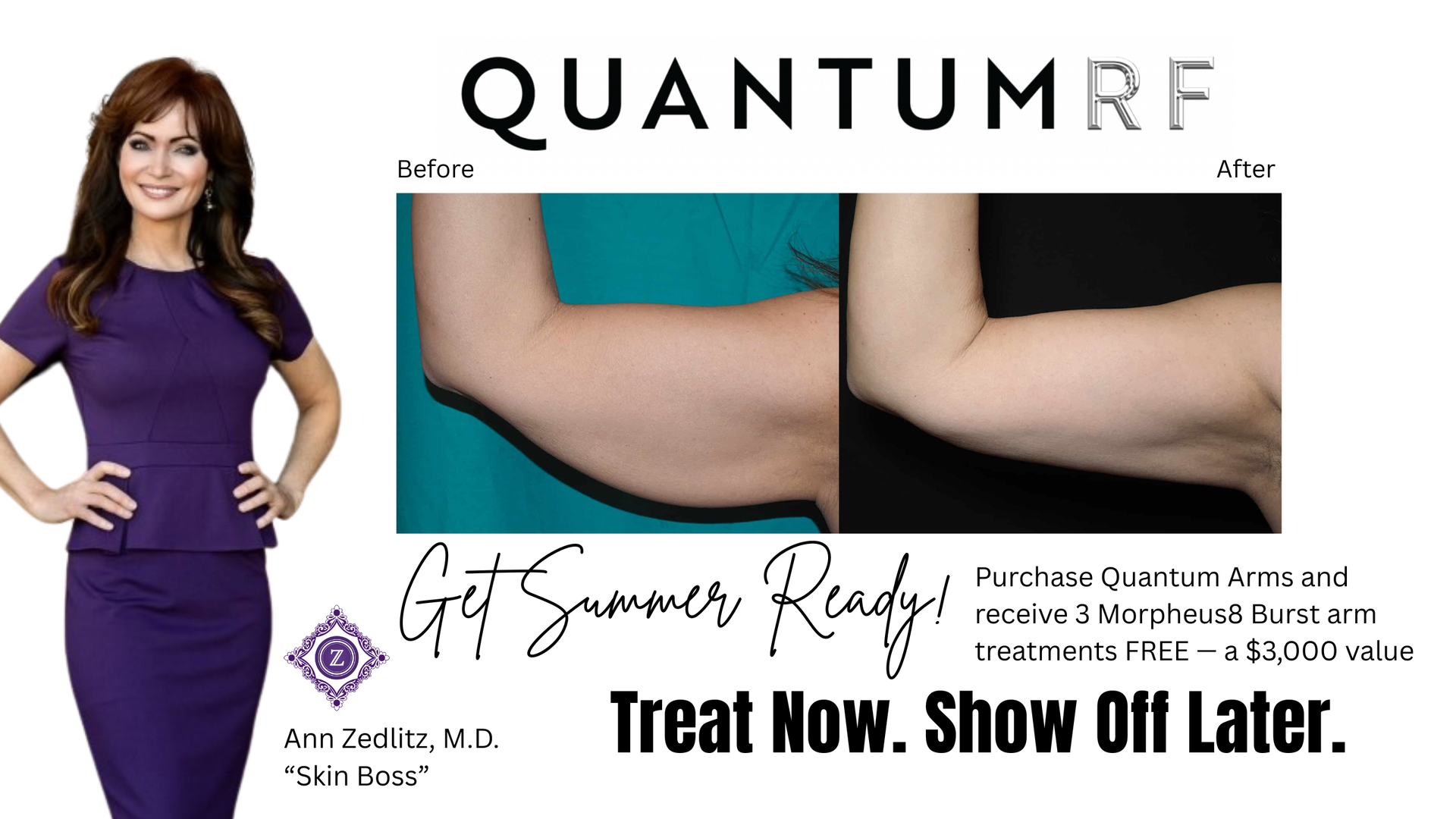 Holiday skincare promotion with a woman in a lab coat and Santa hat.