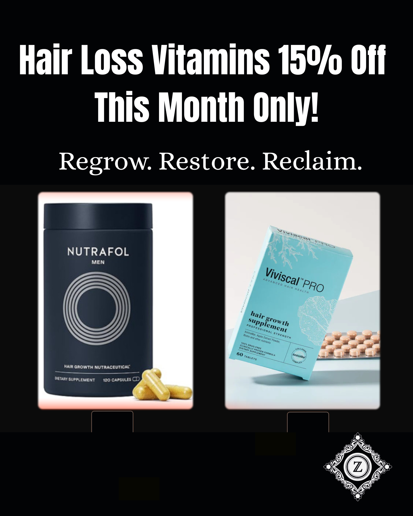 Skincare advertisement: Z Brand products with 20% off. Four bottles on brown background with water droplets.